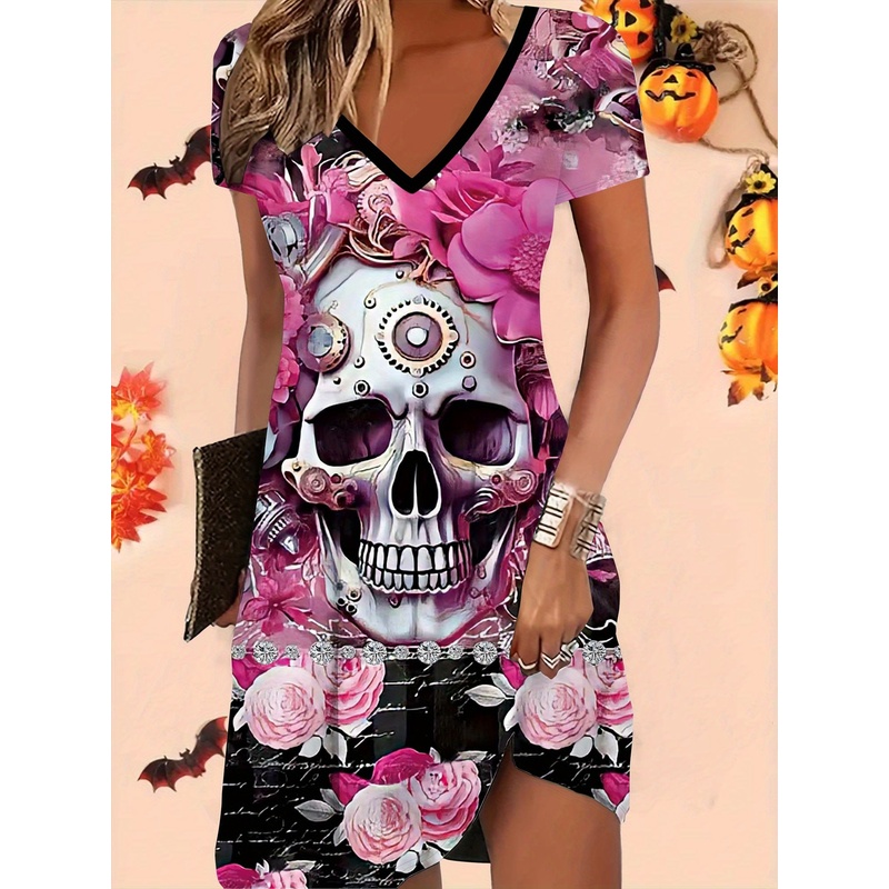 Y2K Ethnic Fashion - Halloween directional print pink rose skull